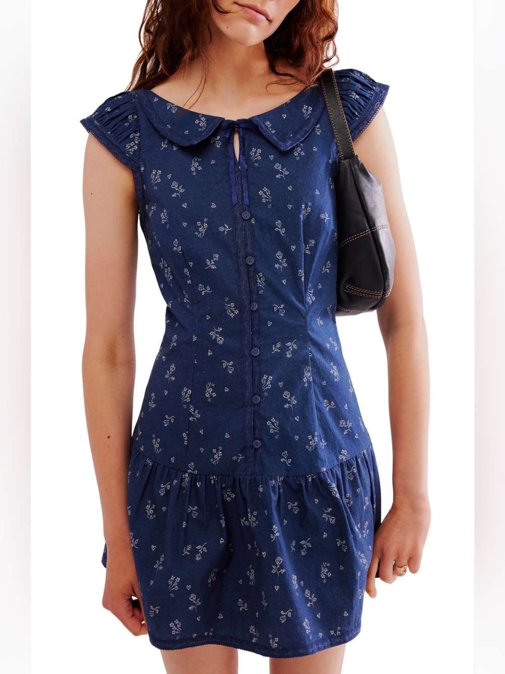Free People Navy Floral Button-Front Beasley Dress with Peter Pan Collar
